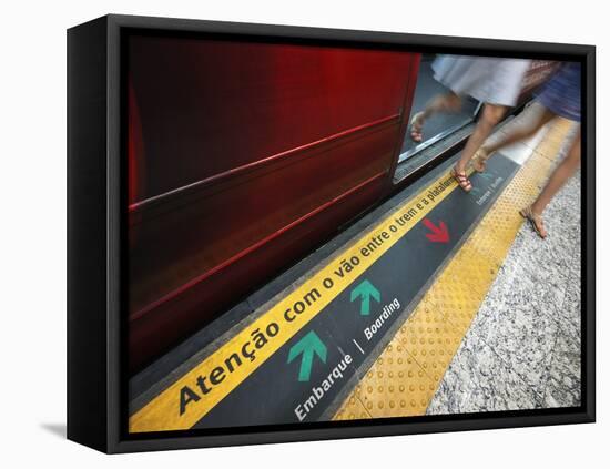 Passengers Stepping out of a Metro Carriage, Rio De Janeiro.-Jon Hicks-Framed Stretched Canvas