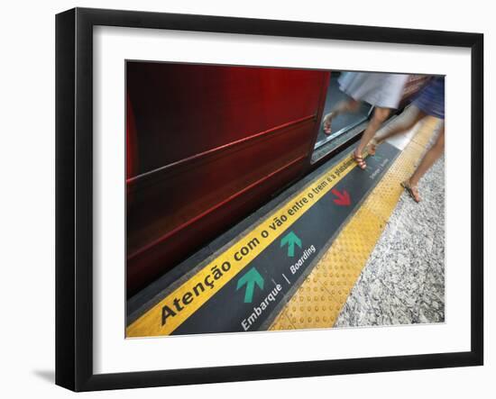 Passengers Stepping out of a Metro Carriage, Rio De Janeiro.-Jon Hicks-Framed Photographic Print