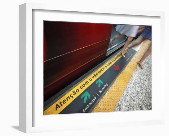 Passengers Stepping out of a Metro Carriage, Rio De Janeiro.-Jon Hicks-Framed Photographic Print
