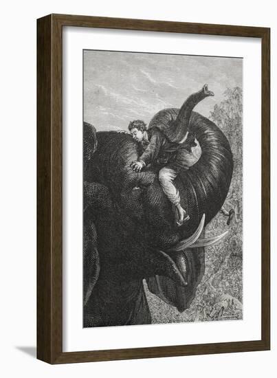 Passepartout Sitting On the Trunk Of an Elephant. 'Around the World in Eighty Days' Illustration-M.M. De Neuville-Framed Giclee Print