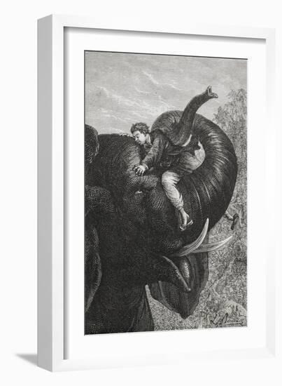 Passepartout Sitting On the Trunk Of an Elephant. 'Around the World in Eighty Days' Illustration-M.M. De Neuville-Framed Giclee Print