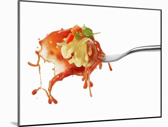 Pasta and Squirted Tomato Sauce on a Fork-Kröger & Gross-Mounted Photographic Print