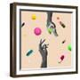 Pastel Background. the Abstract Hand and falling Tablets and Pills. Artwork or Creative Collage Wit-master1305-Framed Photographic Print