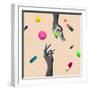 Pastel Background. the Abstract Hand and falling Tablets and Pills. Artwork or Creative Collage Wit-master1305-Framed Photographic Print