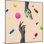 Pastel Background. the Abstract Hand and falling Tablets and Pills. Artwork or Creative Collage Wit-master1305-Mounted Photographic Print