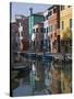 Pastel Coloured Houses Reflected in a Canal, Burano, Venetian Lagoon, Venice, Veneto-James Emmerson-Stretched Canvas