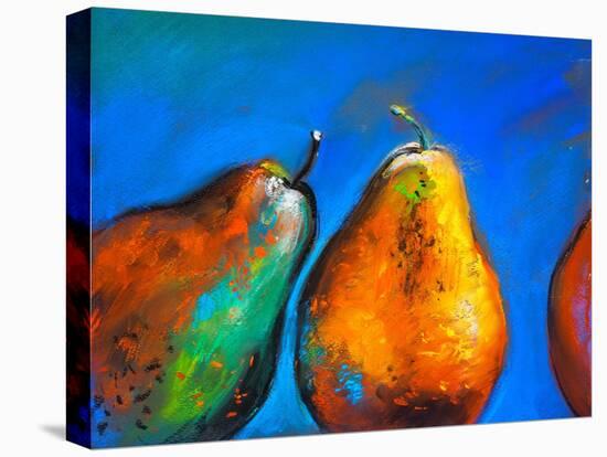 Pastel Painting on a Cardboard. Pears-Fruits on a Blue Background. Modern Art-Ivailo Nikolov-Stretched Canvas