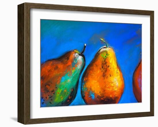 Pastel Painting on a Cardboard. Pears-Fruits on a Blue Background. Modern Art-Ivailo Nikolov-Framed Art Print