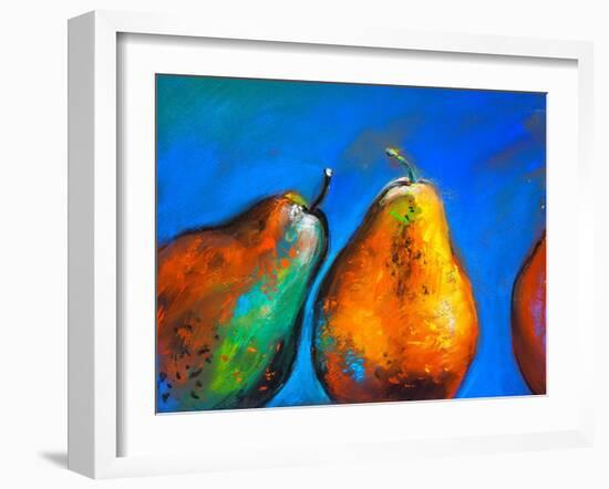 Pastel Painting on a Cardboard. Pears-Fruits on a Blue Background. Modern Art-Ivailo Nikolov-Framed Art Print