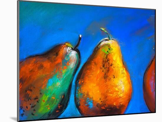 Pastel Painting on a Cardboard. Pears-Fruits on a Blue Background. Modern Art-Ivailo Nikolov-Mounted Art Print