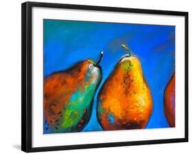 Pastel Painting on a Cardboard. Pears-Fruits on a Blue Background. Modern Art-Ivailo Nikolov-Framed Art Print