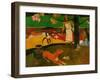 Pastorales tahitiennes (Tahitian idyll). Two women in idyllic scenery with orange dog.-Paul Gauguin-Framed Giclee Print