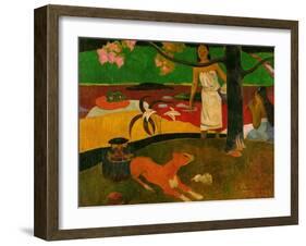 Pastorales tahitiennes (Tahitian idyll). Two women in idyllic scenery with orange dog.-Paul Gauguin-Framed Giclee Print