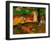 Pastorales tahitiennes (Tahitian idyll). Two women in idyllic scenery with orange dog.-Paul Gauguin-Framed Giclee Print