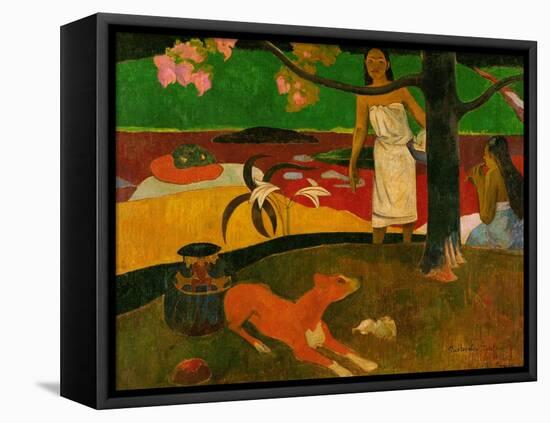 Pastorales tahitiennes (Tahitian idyll). Two women in idyllic scenery with orange dog.-Paul Gauguin-Framed Stretched Canvas