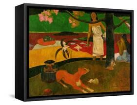 Pastorales tahitiennes (Tahitian idyll). Two women in idyllic scenery with orange dog.-Paul Gauguin-Framed Stretched Canvas