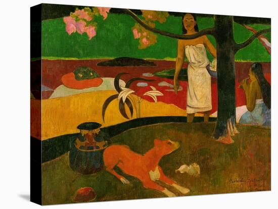 Pastorales tahitiennes (Tahitian idyll). Two women in idyllic scenery with orange dog.-Paul Gauguin-Stretched Canvas