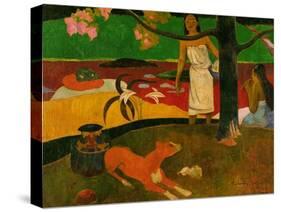 Pastorales tahitiennes (Tahitian idyll). Two women in idyllic scenery with orange dog.-Paul Gauguin-Stretched Canvas