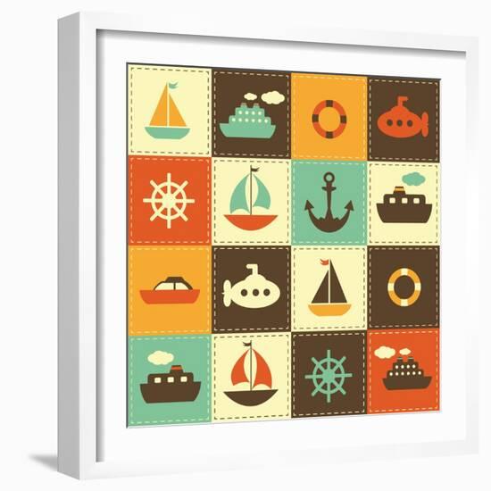 Patchwork Background with Sea Transport-Ann Precious-Framed Art Print