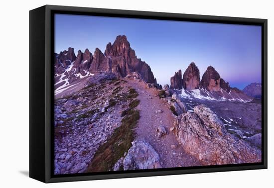 Paternkofel and Tre Cime Di Lavaredo Mountains at Dawn, Sexten Dolomites, South Tyrol, Italy-Frank Krahmer-Framed Stretched Canvas