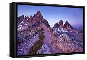 Paternkofel and Tre Cime Di Lavaredo Mountains at Dawn, Sexten Dolomites, South Tyrol, Italy-Frank Krahmer-Framed Stretched Canvas