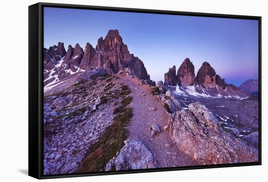 Paternkofel and Tre Cime Di Lavaredo Mountains at Dawn, Sexten Dolomites, South Tyrol, Italy-Frank Krahmer-Framed Stretched Canvas