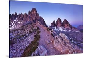 Paternkofel and Tre Cime Di Lavaredo Mountains at Dawn, Sexten Dolomites, South Tyrol, Italy-Frank Krahmer-Stretched Canvas