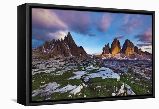 Paternkofel (Left) and Tre Cime Di Lavaredo Mountains at Sunset, Sexten Dolomites, Tyrol, Italy-Frank Krahmer-Framed Stretched Canvas