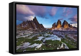 Paternkofel (Left) and Tre Cime Di Lavaredo Mountains at Sunset, Sexten Dolomites, Tyrol, Italy-Frank Krahmer-Framed Stretched Canvas