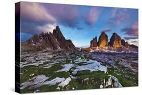 Paternkofel (Left) and Tre Cime Di Lavaredo Mountains at Sunset, Sexten Dolomites, Tyrol, Italy-Frank Krahmer-Stretched Canvas