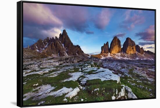 Paternkofel (Left) and Tre Cime Di Lavaredo Mountains at Sunset, Sexten Dolomites, Tyrol, Italy-Frank Krahmer-Framed Stretched Canvas