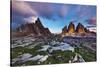 Paternkofel (Left) and Tre Cime Di Lavaredo Mountains at Sunset, Sexten Dolomites, Tyrol, Italy-Frank Krahmer-Stretched Canvas