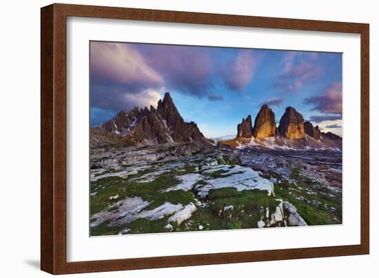 Paternkofel (Left) and Tre Cime Di Lavaredo Mountains at Sunset, Sexten Dolomites, Tyrol, Italy-Frank Krahmer-Framed Photographic Print