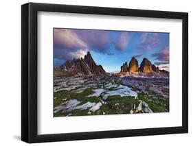 Paternkofel (Left) and Tre Cime Di Lavaredo Mountains at Sunset, Sexten Dolomites, Tyrol, Italy-Frank Krahmer-Framed Photographic Print