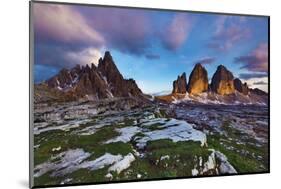 Paternkofel (Left) and Tre Cime Di Lavaredo Mountains at Sunset, Sexten Dolomites, Tyrol, Italy-Frank Krahmer-Mounted Photographic Print