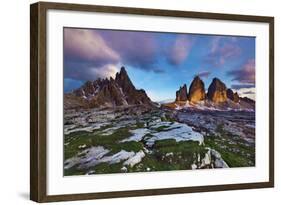 Paternkofel (Left) and Tre Cime Di Lavaredo Mountains at Sunset, Sexten Dolomites, Tyrol, Italy-Frank Krahmer-Framed Photographic Print