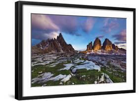 Paternkofel (Left) and Tre Cime Di Lavaredo Mountains at Sunset, Sexten Dolomites, Tyrol, Italy-Frank Krahmer-Framed Photographic Print