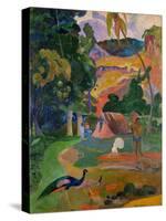 Path, hut, and a working man, peacocks in the foreground. Oil on canvas (1892) 115 x 86 cm.-Paul Gauguin-Stretched Canvas