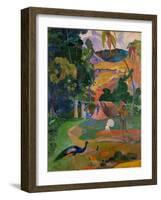 Path, hut, and a working man, peacocks in the foreground. Oil on canvas (1892) 115 x 86 cm.-Paul Gauguin-Framed Giclee Print