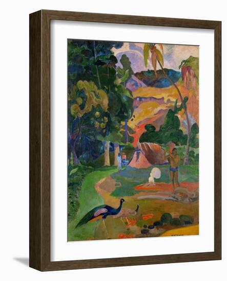 Path, hut, and a working man, peacocks in the foreground. Oil on canvas (1892) 115 x 86 cm.-Paul Gauguin-Framed Giclee Print