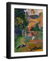 Path, hut, and a working man, peacocks in the foreground. Oil on canvas (1892) 115 x 86 cm.-Paul Gauguin-Framed Giclee Print