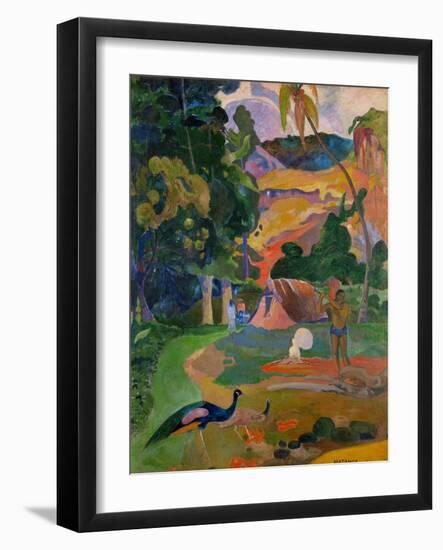 Path, hut, and a working man, peacocks in the foreground. Oil on canvas (1892) 115 x 86 cm.-Paul Gauguin-Framed Giclee Print