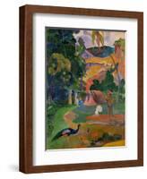 Path, hut, and a working man, peacocks in the foreground. Oil on canvas (1892) 115 x 86 cm.-Paul Gauguin-Framed Giclee Print