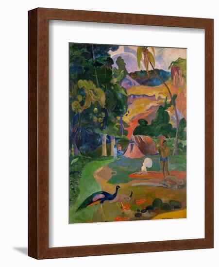 Path, hut, and a working man, peacocks in the foreground. Oil on canvas (1892) 115 x 86 cm.-Paul Gauguin-Framed Giclee Print