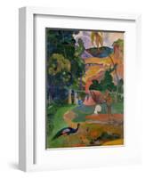 Path, hut, and a working man, peacocks in the foreground. Oil on canvas (1892) 115 x 86 cm.-Paul Gauguin-Framed Giclee Print