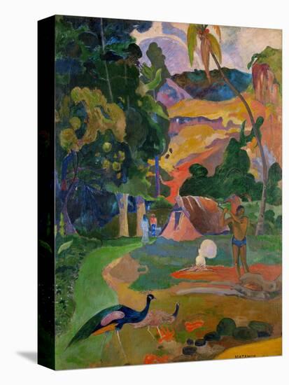 Path, hut, and a working man, peacocks in the foreground. Oil on canvas (1892) 115 x 86 cm.-Paul Gauguin-Stretched Canvas