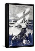 Patriotic Finnish Maiden Holding the Raised Flag of Finland-null-Framed Stretched Canvas