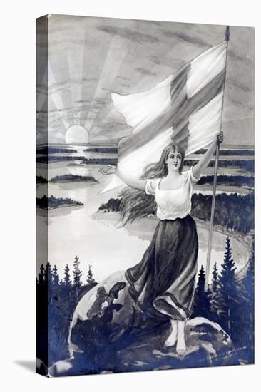 Patriotic Finnish Maiden Holding the Raised Flag of Finland-null-Stretched Canvas