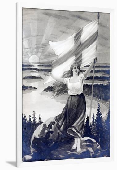 Patriotic Finnish Maiden Holding the Raised Flag of Finland-null-Framed Giclee Print