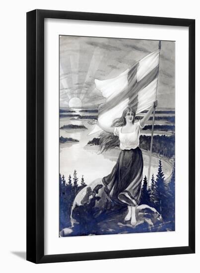 Patriotic Finnish Maiden Holding the Raised Flag of Finland-null-Framed Giclee Print